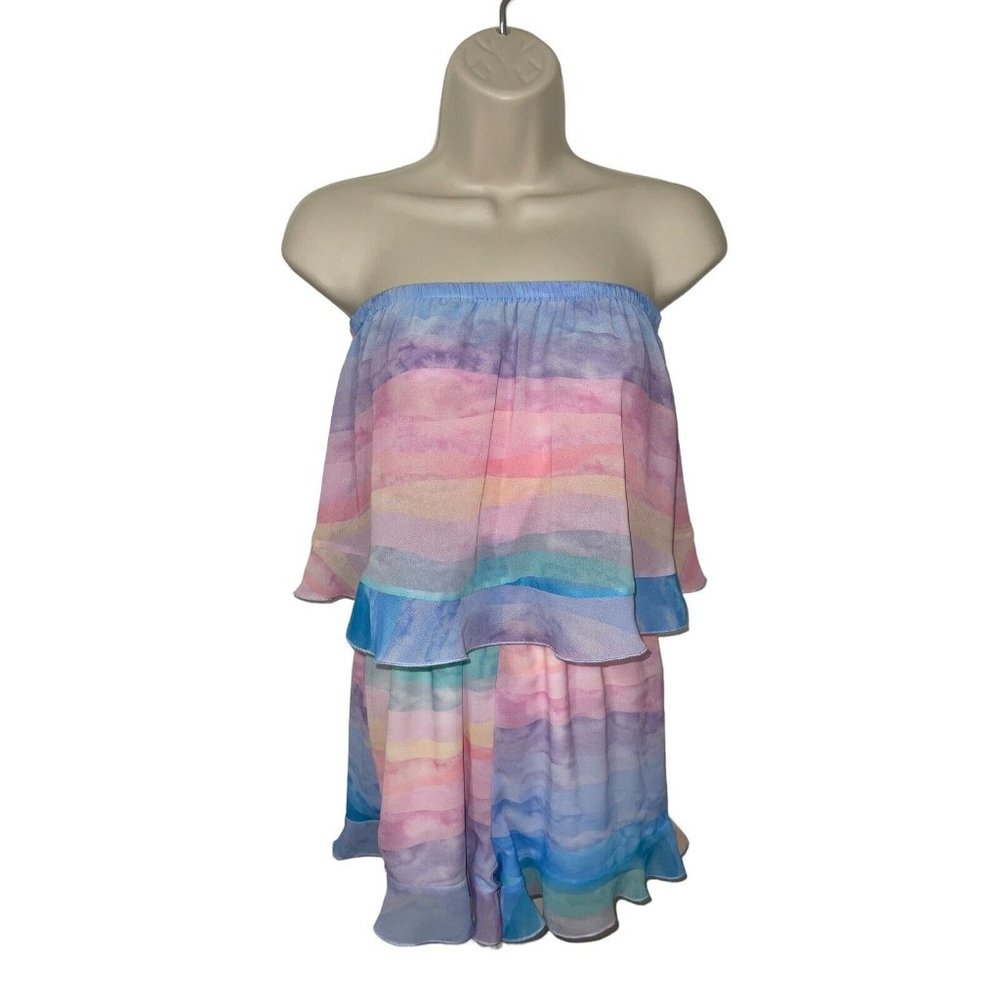SHOW ME YOUR MUMU Women's XS Thelma Ruffle Romper Pastel Rainbow Stripe